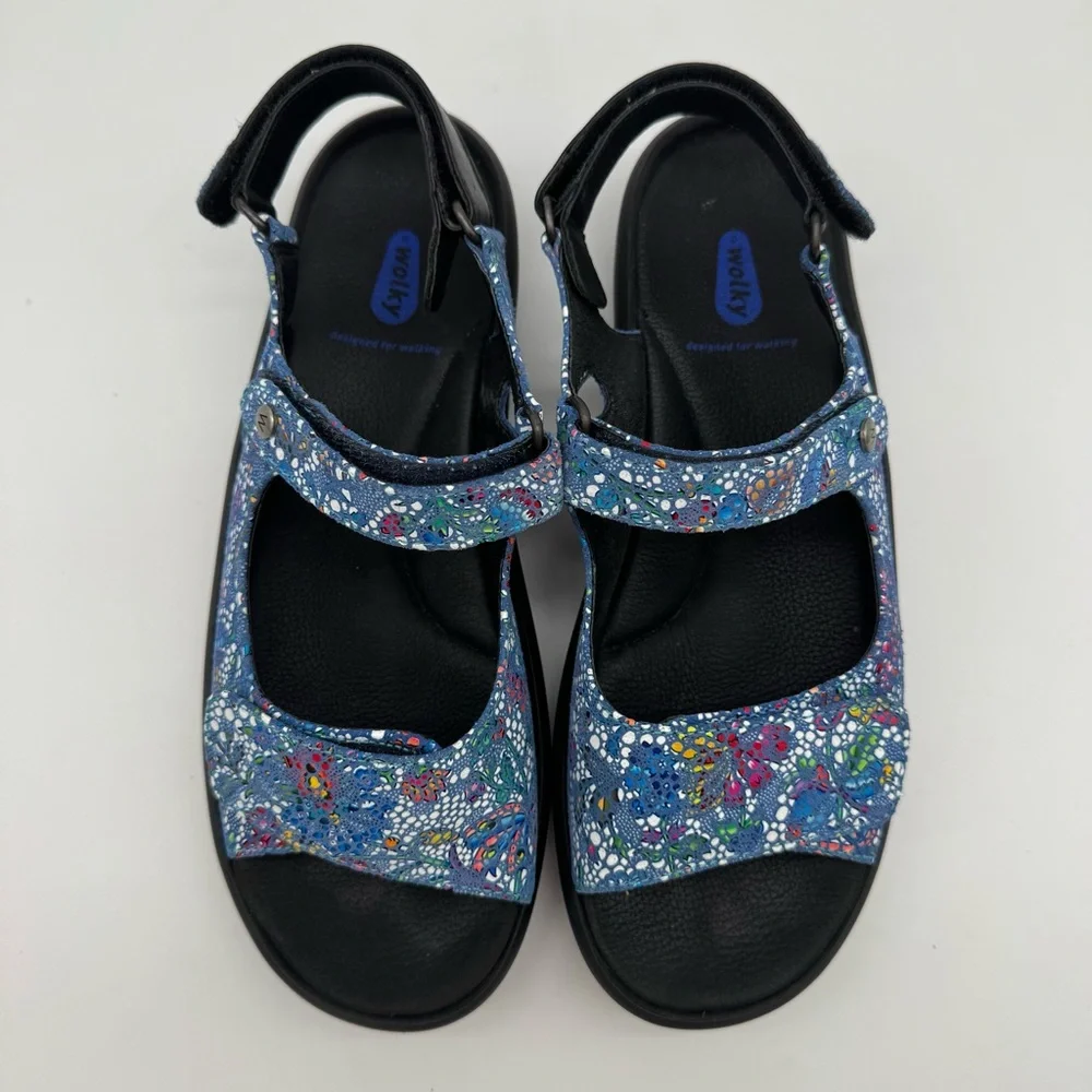 Wolky Pichu Blue Multicolor Leather Adjustable Sandal Size 42/11